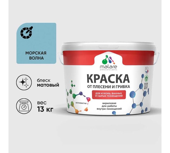 Краска MALARE от плесени и грибка, морская волна, 13 кг КБСПТМОВМ1300