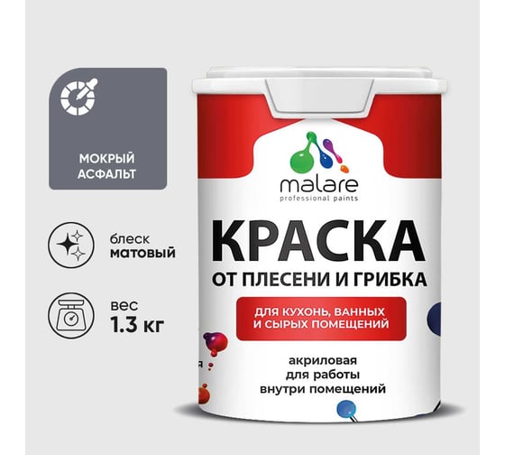 Краска MALARE от плесени и грибка, мокрый асфальт, 1.3 кг КБСПТМОАМ0130