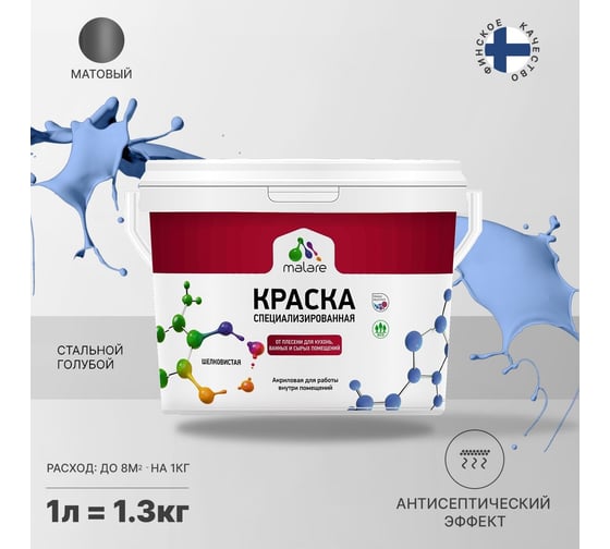 Краска MALARE от плесени и грибка стальной голубой, 1 л 2005438809001