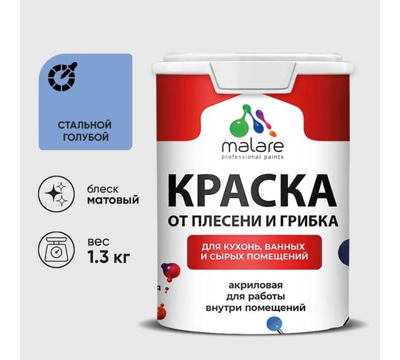 Краска MALARE от плесени и грибка, стальной голубой, 1.3 кг КБСПТСТГМ0130