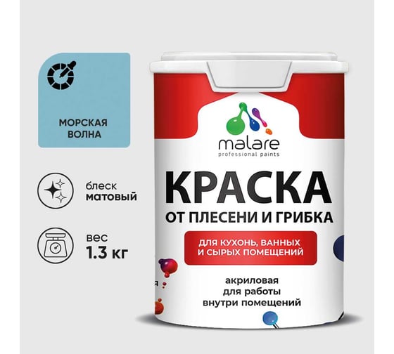 Краска MALARE от плесени и грибка, морская волна, 1.3 кг КБСПТМОВМ0130
