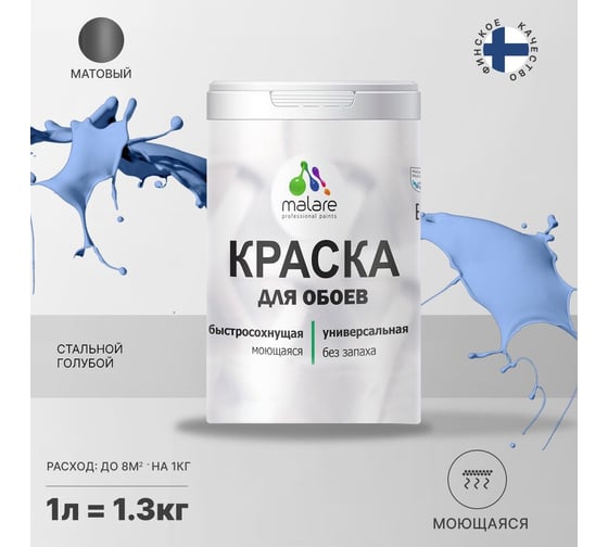 Краска MALARE для стен и обоев, стальной голубой, 1,3 кг 2005485121002