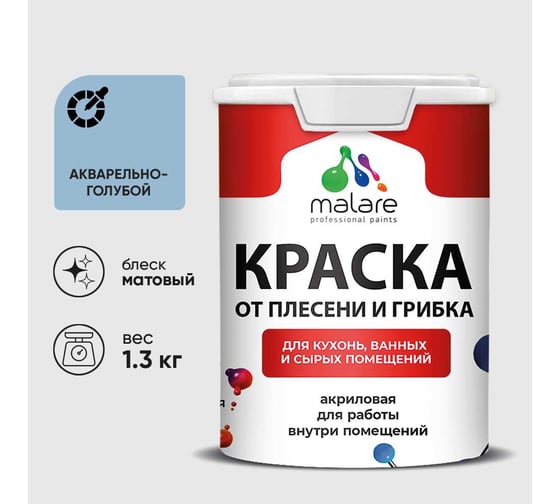Краска MALARE от плесени и грибка, акварельно-голубой, 1.3 кг КБСПТАКГМ0130