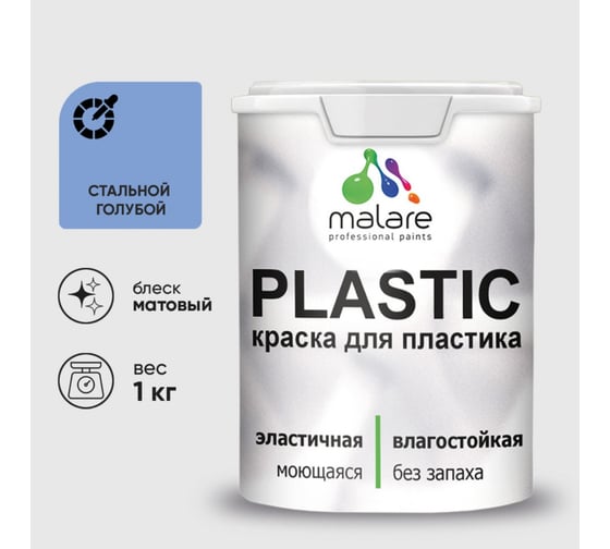 Краска акриловая для пластика MALARE Plastic, для ПВХ, для подоконников и откосов, без запаха, матовая, стальной голубой, 1 кг 2036744715151