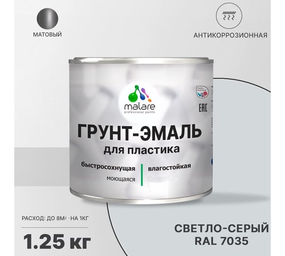 Грунт-эмаль MALARE для пластика, светло-серый, 1.25 кг 2036740948690