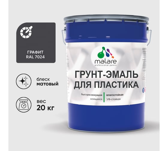 Грунт-Эмаль MALARE для пластика, окон и подоконников, сайдинга, матовый, графитово-серый(темный), 20 кг ГЭПЛСТ7024М2000