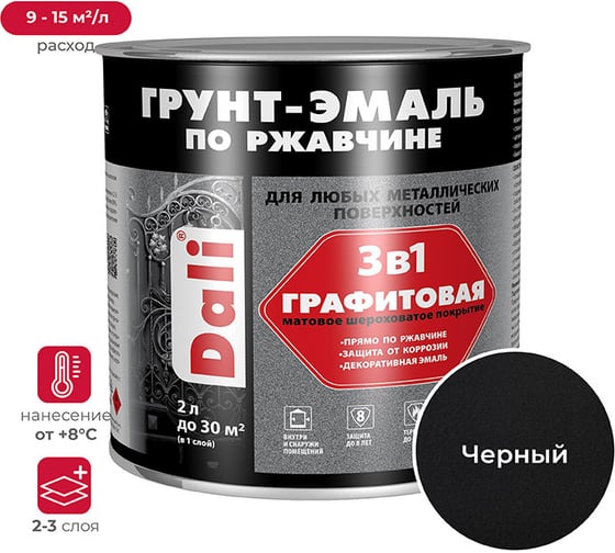 Графитовая грунт-эмаль по ржавчине DALI 3 в 1 черная, 10 л 221463