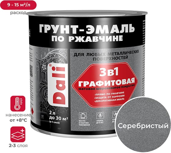 Графитовая грунт-эмаль по ржавчине DALI 3 в 1 серебристая, 10 л 221459 1