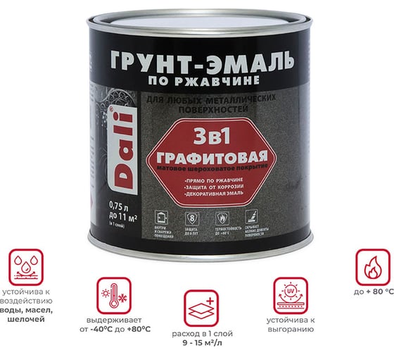 Грунт-эмаль по ржавчине DALI 3 в 1 графитовая, коричневая, 0.75 л 221451