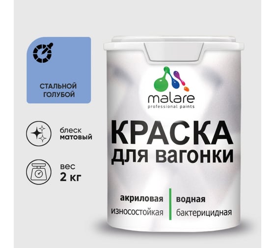 Краска MALARE для вагонки, с антисептическим эффектом, стальной голубой, 2 кг КВГНКАСТГМ0200