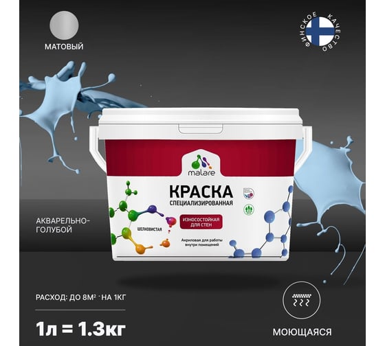 Износостойкая краска MALARE Professional для стен и обоев, акварельно-голубой, 1 л 2036769805936