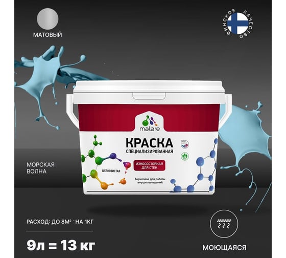 Износостойкая краска MALARE Professional для стен и обоев, морская волна, 9 л 2036767838035