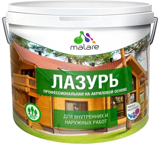 Лазурь-антисептик MALARE Professional для дерева, для любых деревянных поверхностей, акриловая, с антисептическим эффектом, быстроcохнущая без запаха, Калужница, 9л 2036770723908 1