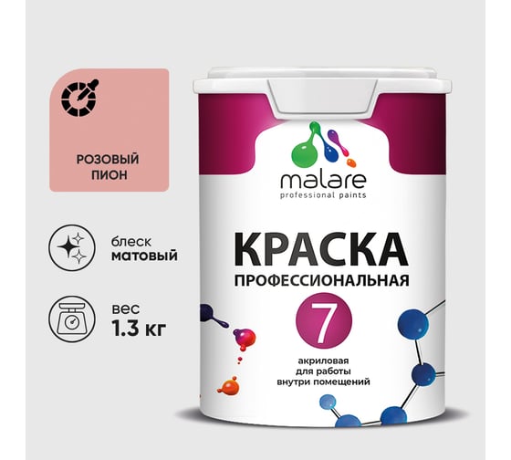 Краска для стен, потолков и обоев MALARE Евро 7, розовый пион, 1,3 кг 2036744699734 КЕВРО7РОПМ0130