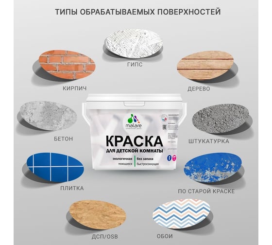Интерьерная краска для детской комнаты MALARE (моющаяся; васаби; 1 л) 2036770716122