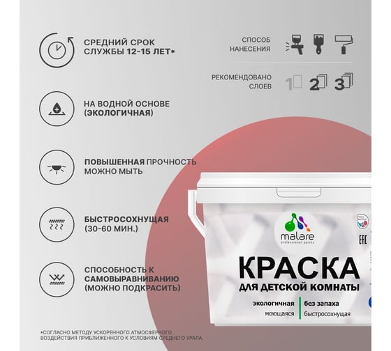 Интерьерная краска для детской комнаты MALARE (моющаяся; голубая ель; 2.7 л) 2036770716023
