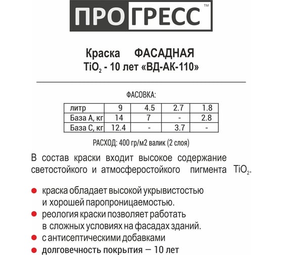 Фасадная акриловая водно-дисперсионная краска ПРОГРЕСС TiO2 - 10 лет белая, 7 кг УТ00001101