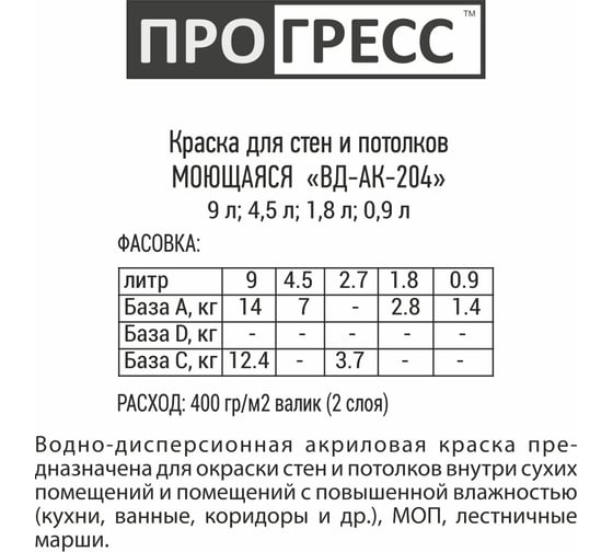 Акриловая водно-дисперсионная краска ПРОГРЕСС ВД-АК-213 моющаяся, для стен и потолков, белый, 14 кг УТ00000243