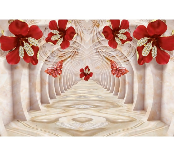 Фотообои DIVINO Мраморный тоннель с красными цветами, 400x270 см Z-209 1