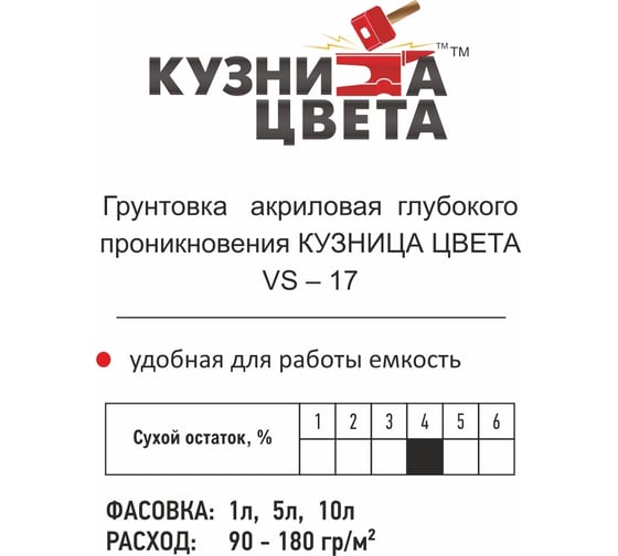 Акриловая грунтовка Кузница цвета VS-17 глубокого проникновения, 1 л УТ00001049