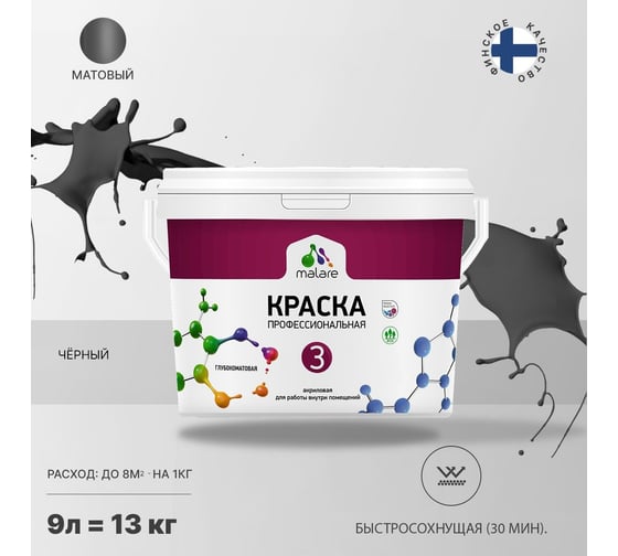 Краска MALARE Евро 3 для обоев, стен и потолков, черный, 9 л 2036769966279