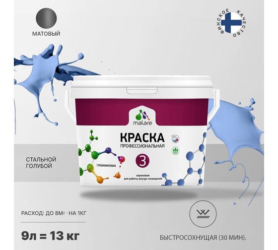 Краска MALARE Евро 3 для обоев, стен и потолков, стальной голубой, 9 л 2036769966255