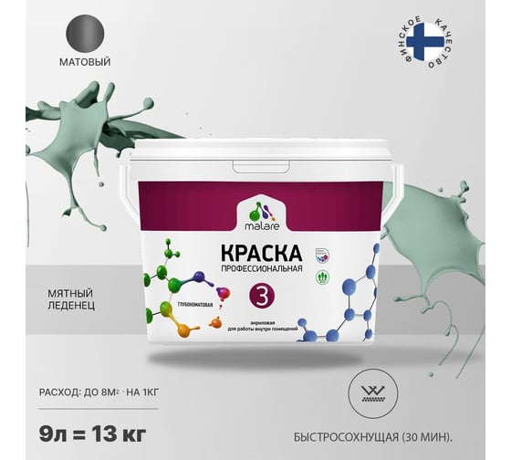 Краска MALARE Евро 3 для обоев, стен и потолков, мятный леденец, 9 л 2036767870561