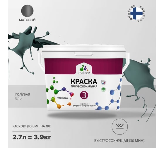 Краска MALARE Евро 3 для обоев, стен и потолков, голубая ель, 2.7 л 2036769857560