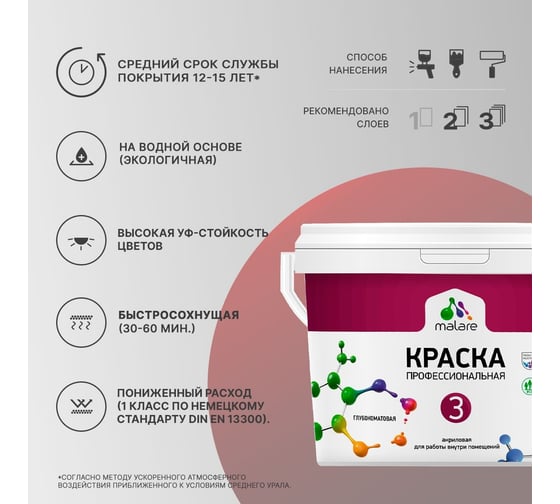 Краска MALARE Евро 3 для обоев, стен и потолков, бежевый, 2.7 л 2036769857461