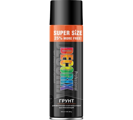 Аэрозольный грунт Decorix PROFESSIONAL SUPER SIZE (акриловый; матовый; чёрный; 650 мл) 0140-02 DX
