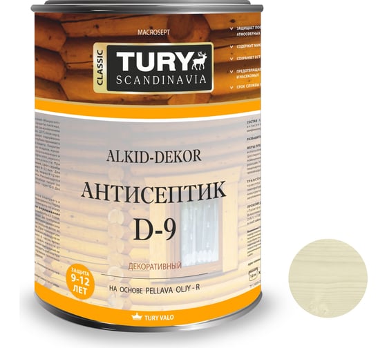 Тонирующий антисептик TURY D-9 Alkid-Dekor (бесцветный; 0,9 л) T1-00002218