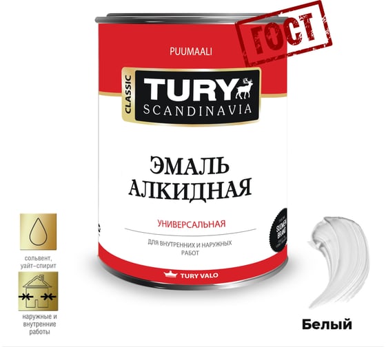 Алкидная эмаль TURY ПФ-115 White alkid белая, 0,9 кг 2007065