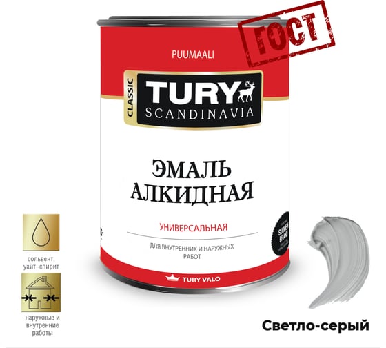 Алкидная эмаль TURY ПФ-115 светло-серая, 0,9 кг 2004860
