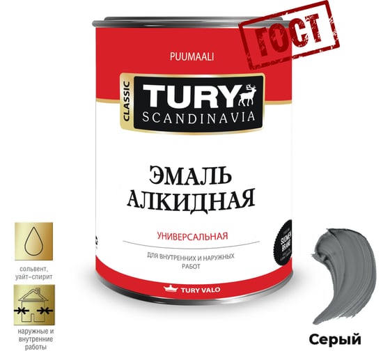 Алкидная эмаль TURY ПФ-115 серая, 0,9 кг 2004831
