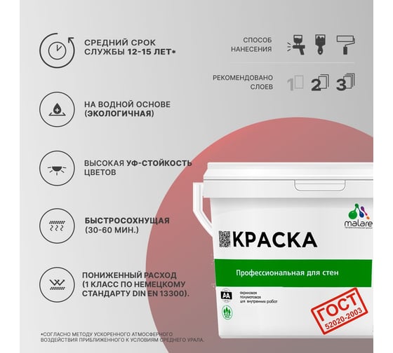 Краска для стен и потолков в сухих помещениях MALARE ГОСТ (бежевый; 2.7 л) 2036767661466