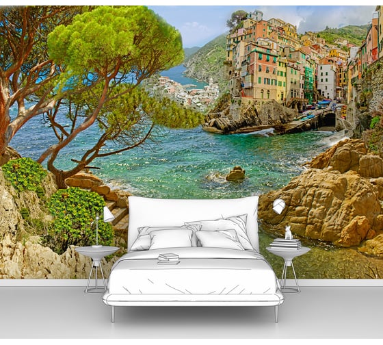 Фотообои ООО Первое ателье море "Вид на средиземноморский город и морскую бухту на скалах" 400x280 см pw28430 1