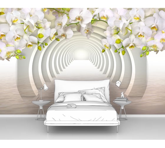 Фотообои ООО Первое ателье 3d абстракции цветы "Орхидеи над белым тоннелем из круглых арок" 400x250 см pw73822-4 1