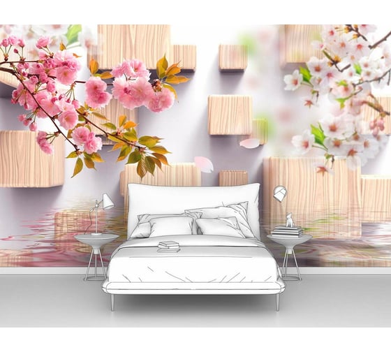 Фотообои 3d абстракции цветы ООО Первое ателье "Кубы с древесной фактурой и ветки сакуры над водой" pw95676-2 1