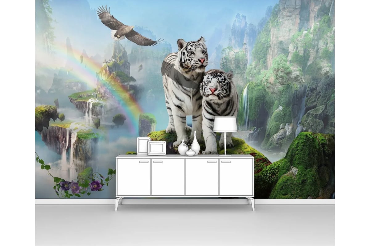 Фотообои ООО Первое ателье тигр животные "Два белых тигра на фоне радуги и водопадов", 300x205 см pw78606-3 - выгодная цена, отзывы, характеристики, фото - купить в Москве и РФ