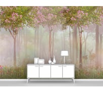 Фотообои ООО Первое ателье лес в тумане животные "Олень с олененком в туманном цветущем лесу", 200х140 см pw78660-2