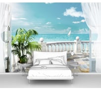 Фотообои ООО Первое ателье море "Белая терраса с видом на море с пальмой в горшке" 145x100 см pw141292-1