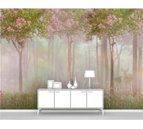 Фотообои ООО Первое ателье лес в тумане животные "Олень с олененком в туманном цветущем лесу", 300х210 см pw78660-3