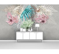 Фотообои ООО Первое ателье пальмовые листья лофт "Три цветка с пальмовыми листьями на штукатурке", 170х100 см pw141446-1