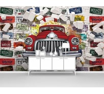 Фотообои машина лофт ООО Первое ателье "Ретро автомобиль пробивает стену с автомобильными номерами" pw94964-1