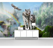 Фотообои тигр животные ООО Первое ателье "Два белых тигра на фоне радуги и водопадов" 400x270 ШxВ pw78606