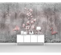 Фотообои ООО Первое ателье "Фламинго и цветущая магнолия на фоне старого забора" (цветы; птицы; 150x100 см) pw94001-1