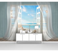 Фотообои ООО Первое ателье "Вид из открытого балкона на парусник в море" (окно; море; 300x205 см) pw94461-3