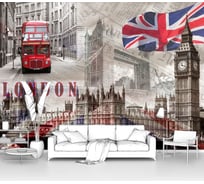 Фотообои ООО Первое ателье "Коллаж с Тауэрским мостом двухэтажным автобусом и британским флагом" (город; 225х300 см) pw94452-3