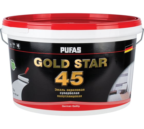 Акриловая эмаль Pufas GOLD STAR 45 супербелая полуглянц. мороз. 9 л, 11,9 кг тов-130470 1