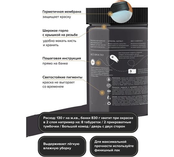 Краска для мебели и декора ATURI Design Меловой бархат mia черный бархат, 0.83 кг T1-00010850